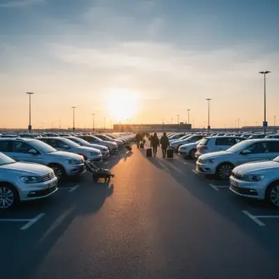 Maletas y coches frente a terminal de aeropuerto al amanecer