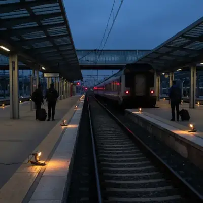 Andenes de estación de tren con iluminacion de emergencia